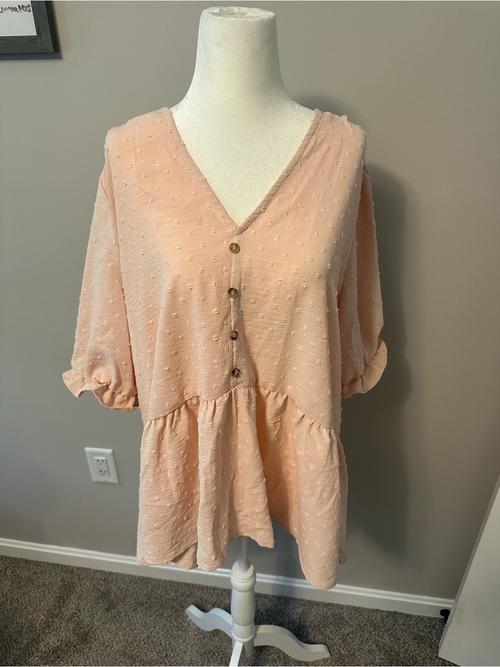 adidas Peach Swiss Dot V-Neck Button Peplum Top